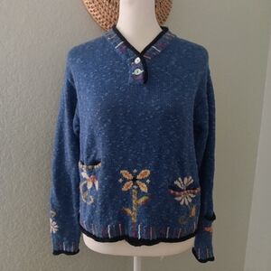 Charming Blue Floral V-Neck Sweater Vtg Linen Blend